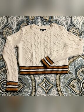 Kendall & Kylie Cream Cable Knit Crop Sweater with Black and Mustard Stripes